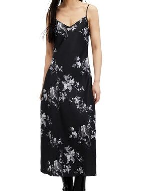 AllSaints Black Floral and Parakeet Print Slip Dress